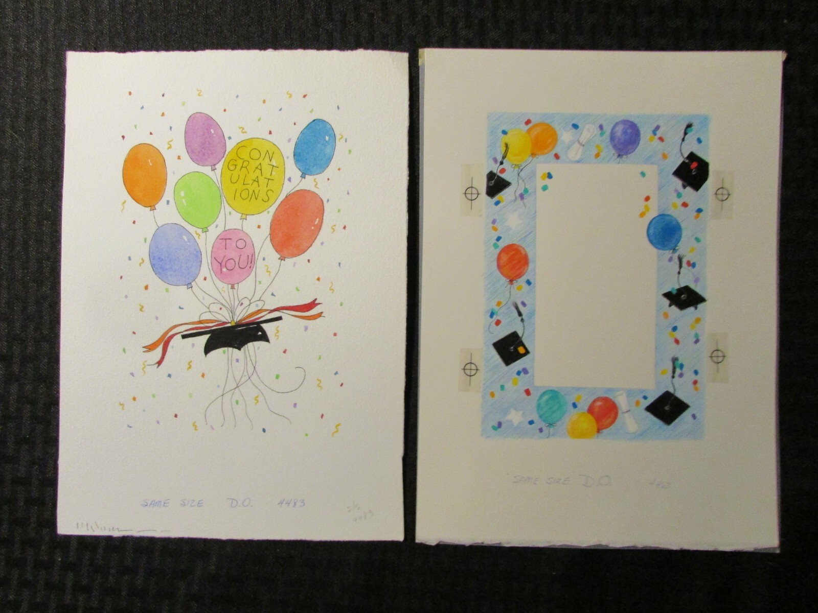 GRADUATION Balloons Cap & Diploma 8x11" Greeting Card Art #4463 4483 LOT of 2