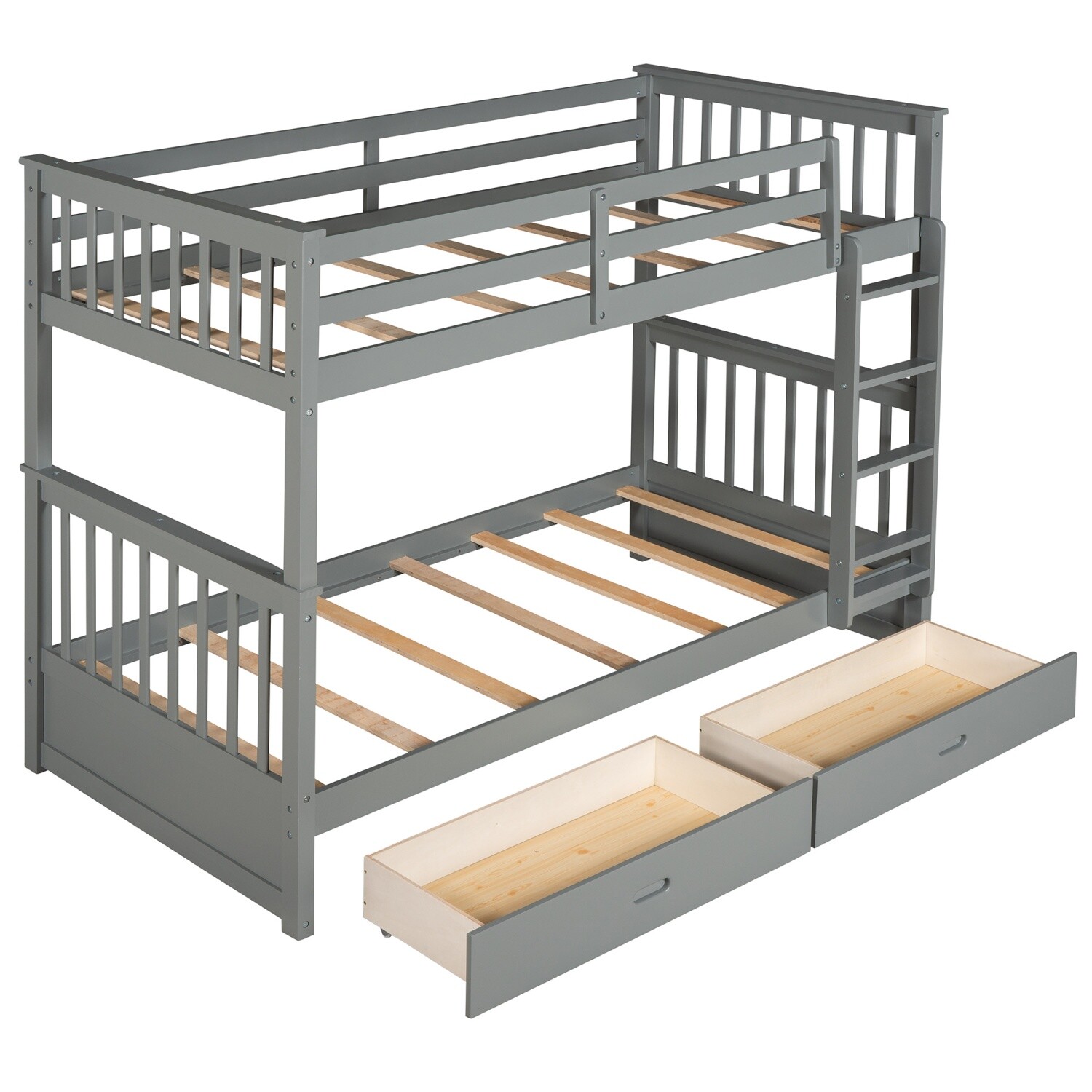 Modern Detachable Twin Over Bunk Bed Wood Bed Frame w/ 2 Drawers & Ladder Gray