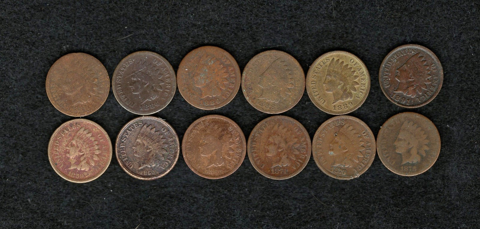 Indian Cents- 12 different 1859 thru 1891