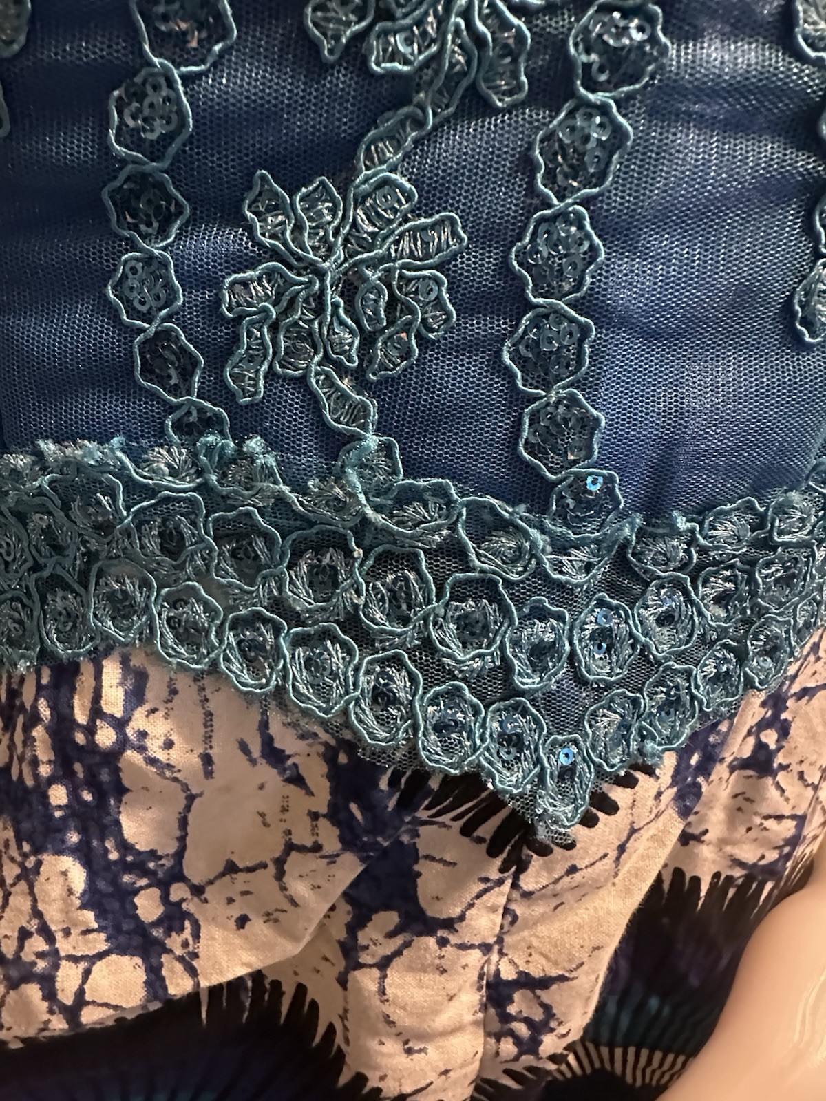 African Traditional Women's Clothing Blue Lace Top Printed Skirt