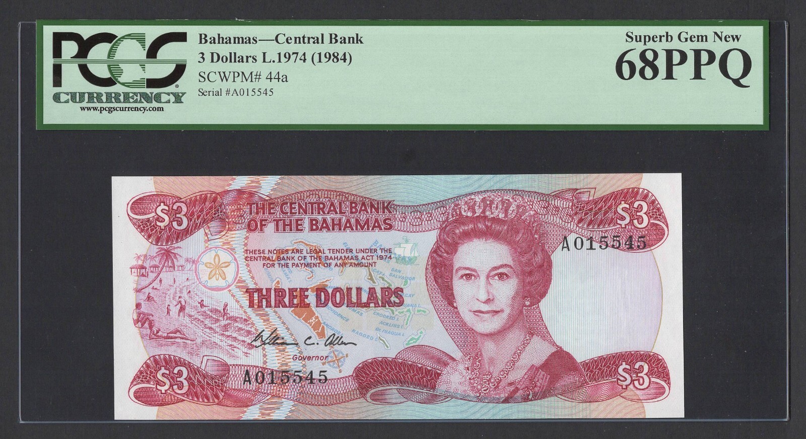 Bahamas 3 Dollars L.1974 (1984) P44a Uncirculated Grade 68