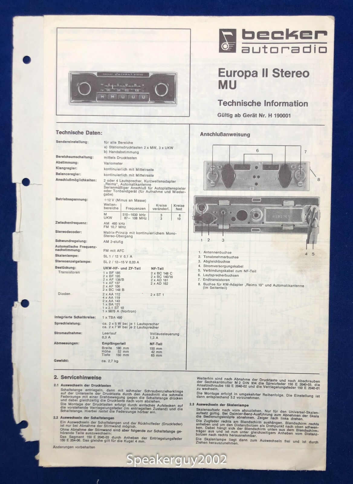 Becker Technical Info Manual / Europa II Stereo MU / Written in German