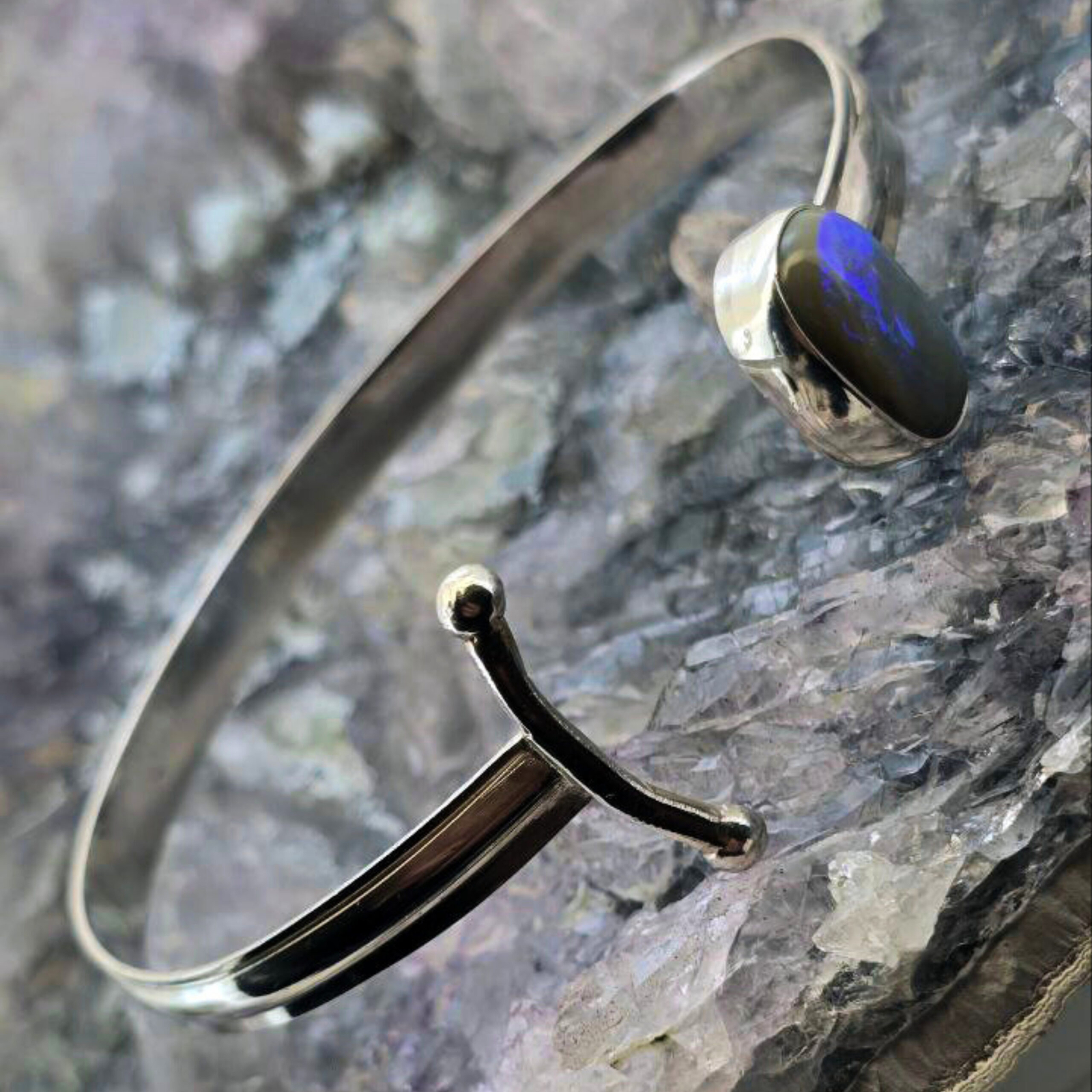 Yundrel Lightning Ridge Dark Opal 3.00ct S925 Silver Handmade Bangle