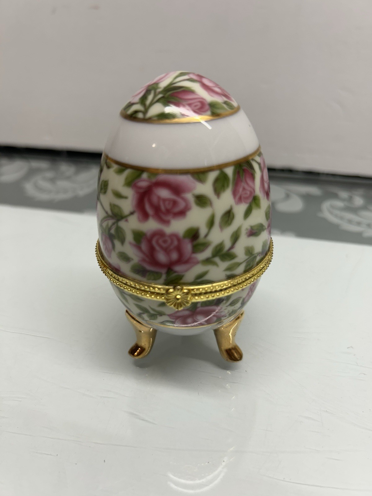 Porcelain Egg Trinket Box with Rose Floral Design