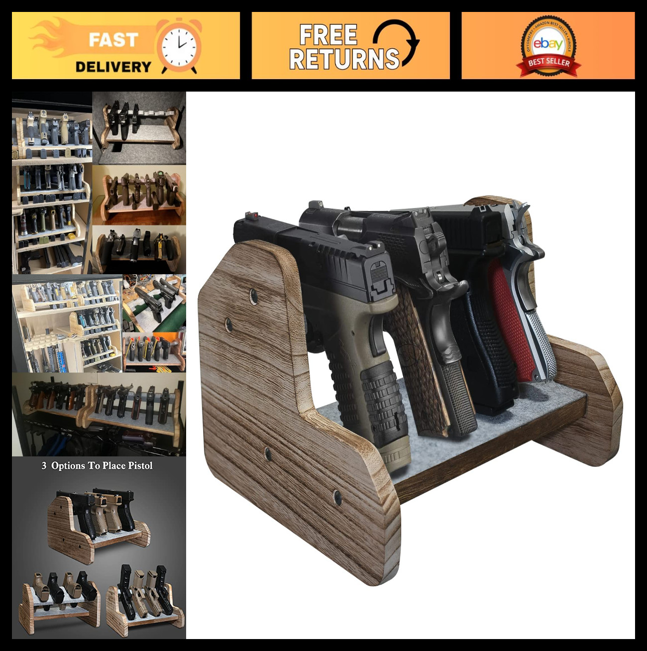 Wooden Gun Mount for Gun Safe - 4 Slot Pistol Rack & Revolver Display Stand, Gif