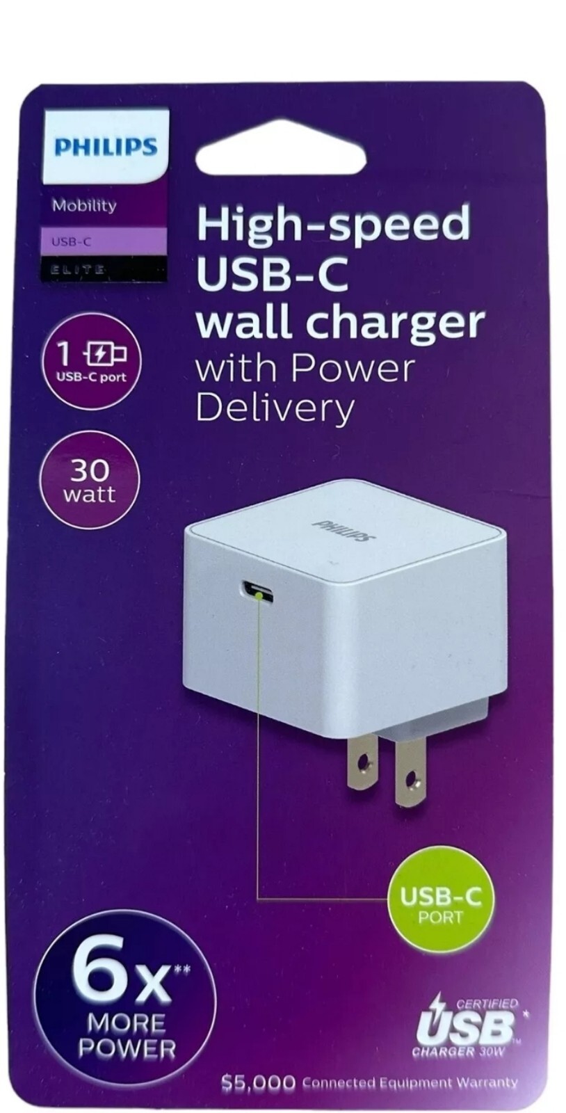 Philips High-speed USB-C Wall Charger w/Power Delivery 30W - White 6X More Power