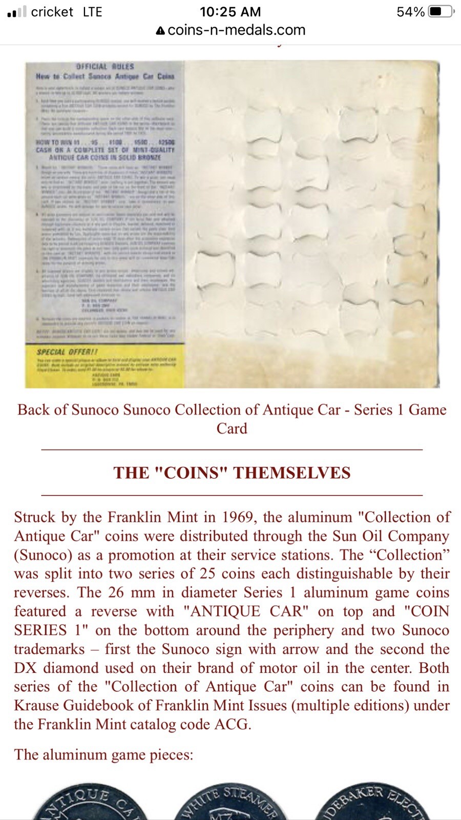 Advertisement Token - 1969 Sunoco Coin Series #1 - 1913 Lozier Light Six Sedan