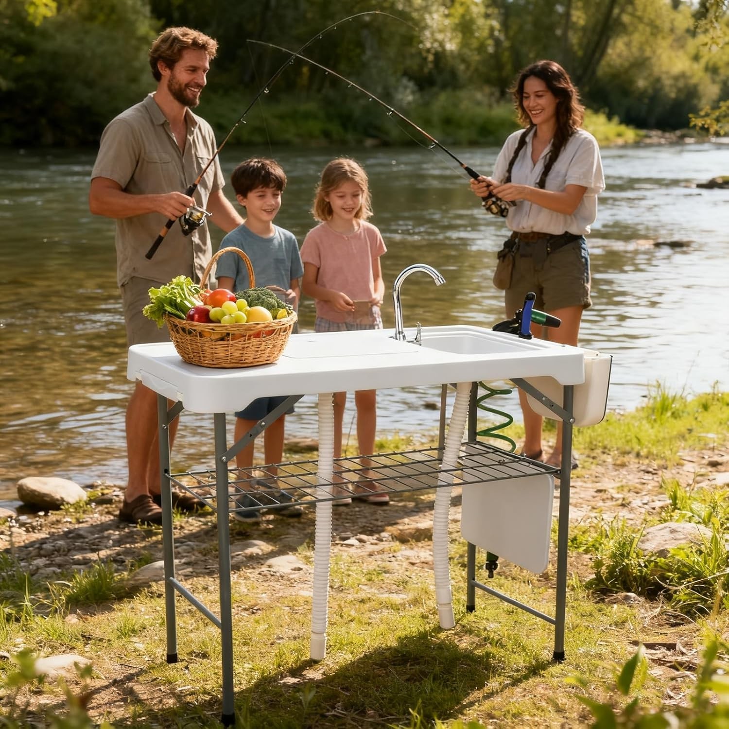 Fish Cleaning Table with 2 Sinks & Grid Rack - 42.5” Outdoor Fish Fillet Clean