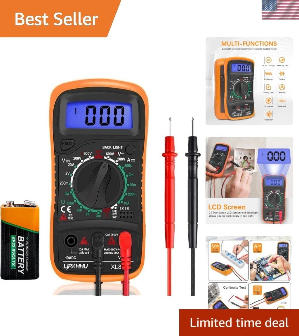 Compact Digital Multimeter - 2000 Counts with Backlit LCD & Safety Features