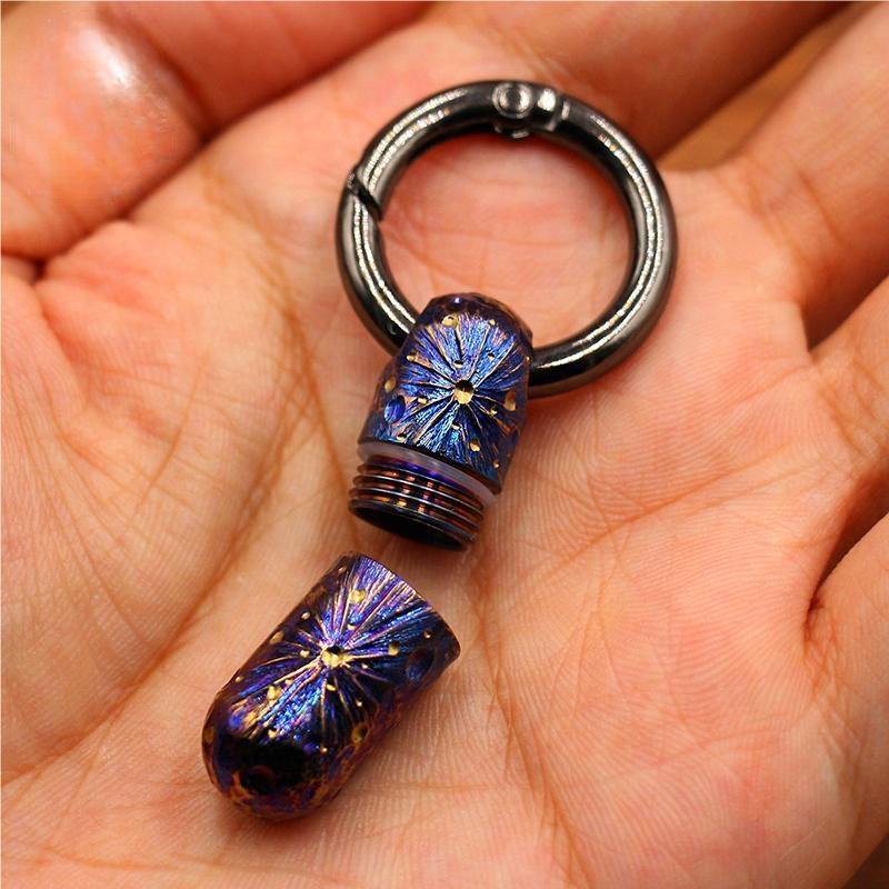 Pure Titanium Waterproof Keychain Pill Holder Case Container Hand-Carved EDC