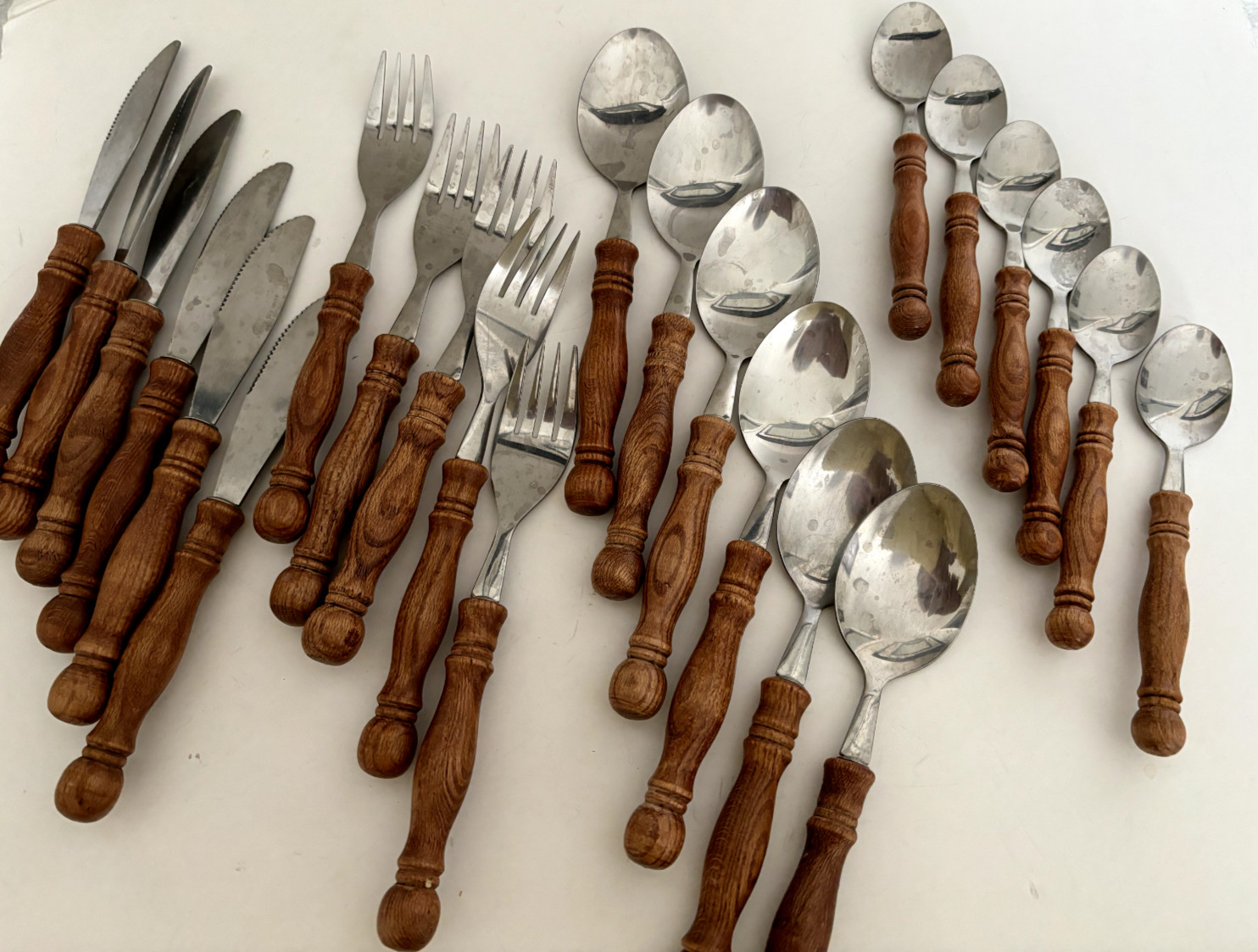 SET of 41 Vtg Round WOOD Stainless Steel OLD HOMESTEAD Flatware TAIWAN Wooden