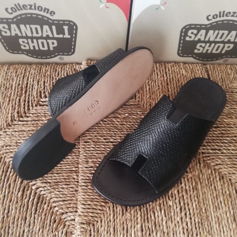 Men's Sandals Slippers with LEATHER SOLE Made in Italy 100% Genuine Leather Black Color