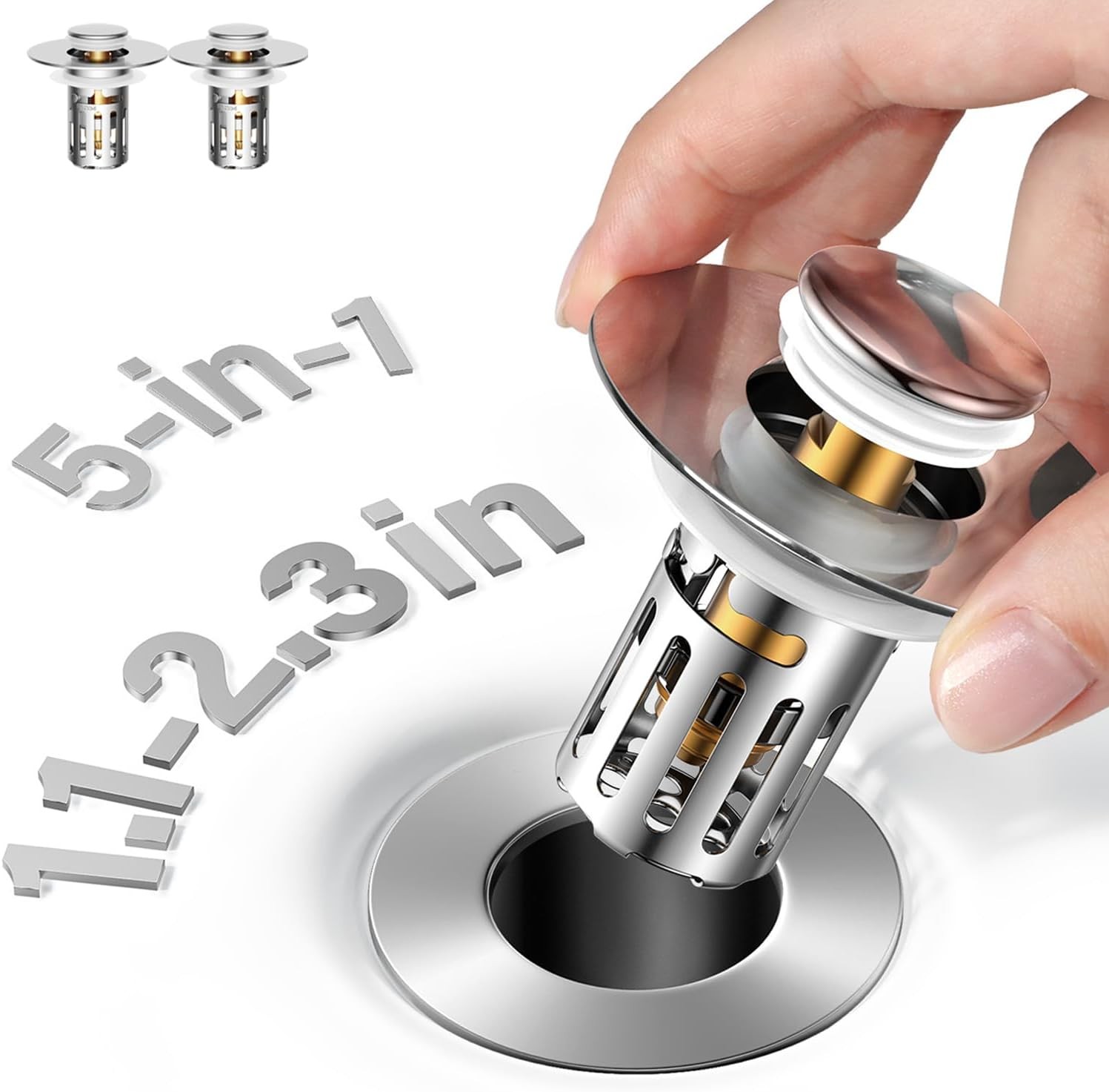 5-in-1 Bathroom Sink Stopper, 2 Pc Pop-Up Sink Drain Strainer with Removable