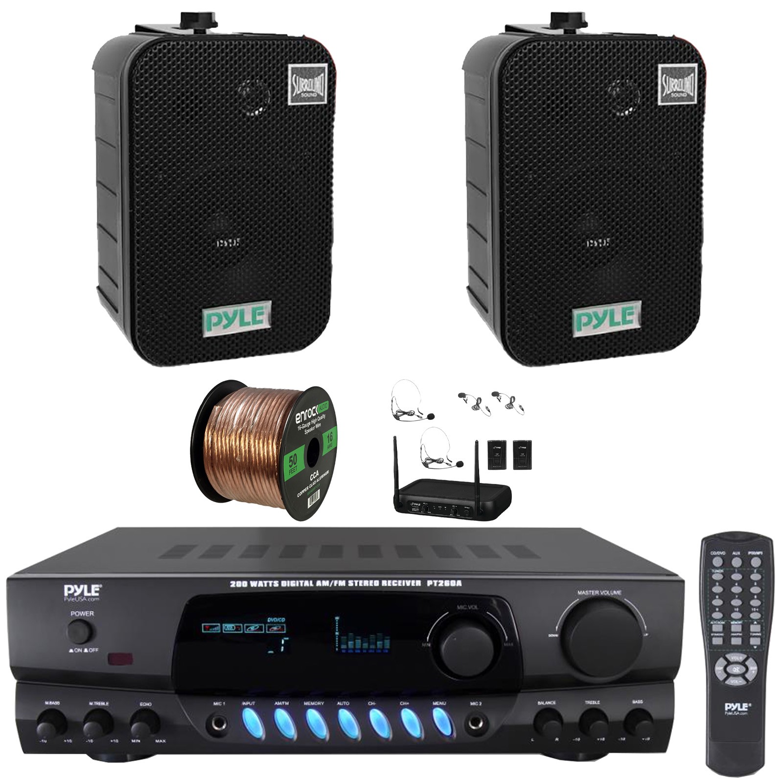 Pyle PT260A AM/FM Display Receiver, 2x 5.25" 400W Black Speakers, Mic System