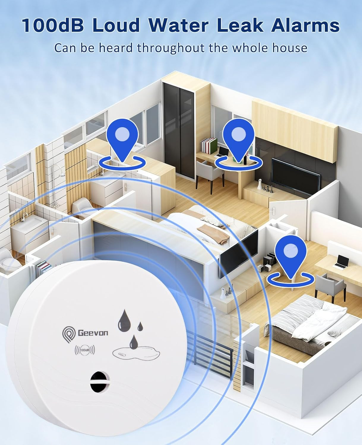 2 Pack Water Leak Detectors, 100Db Water Sensor Alarms Flood Detector for Baseme