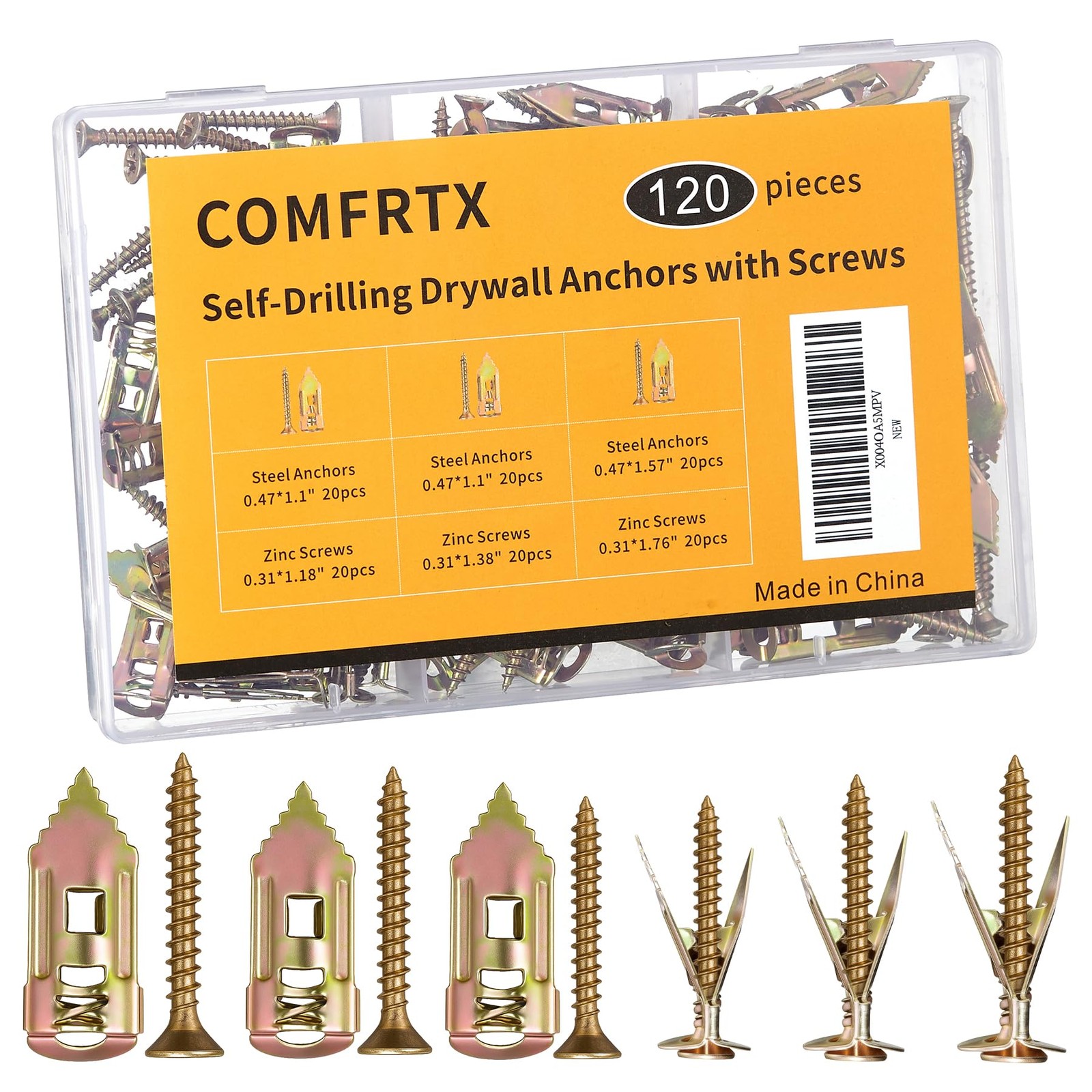 ComfrtX 3 Sizes Self Drilling Drywall Anchors with Screws Kit 3 sizes, Yellow