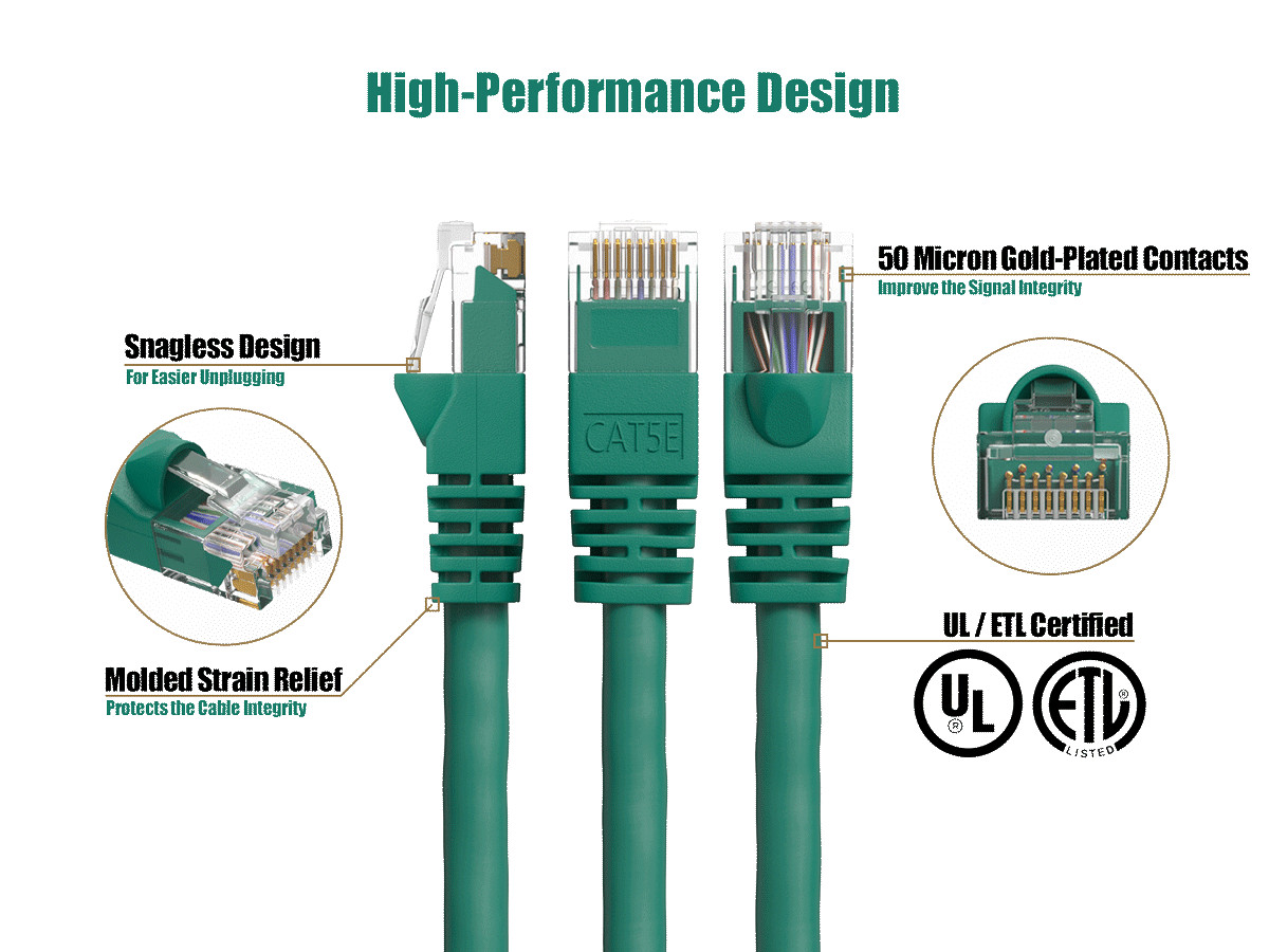 1ft Cat5e UTP Ethernet Network Patch Cable Snagless 24AWG Bare Copper, Green