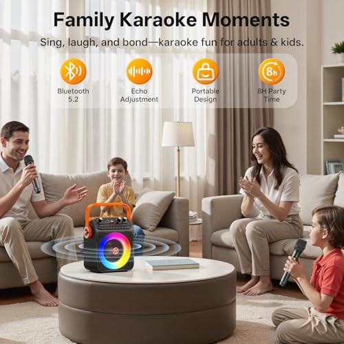 Karaoke Machine, Portable Bluetooth Karaoke Speaker with 2 Wireless Black