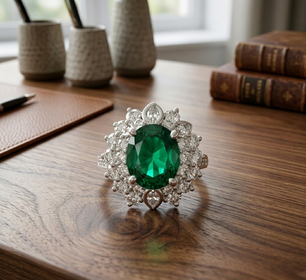 5.50 Ct Oval Cut Natural Emerald & Diamond Wedding Gift Ring 14K White Gold Sz 8