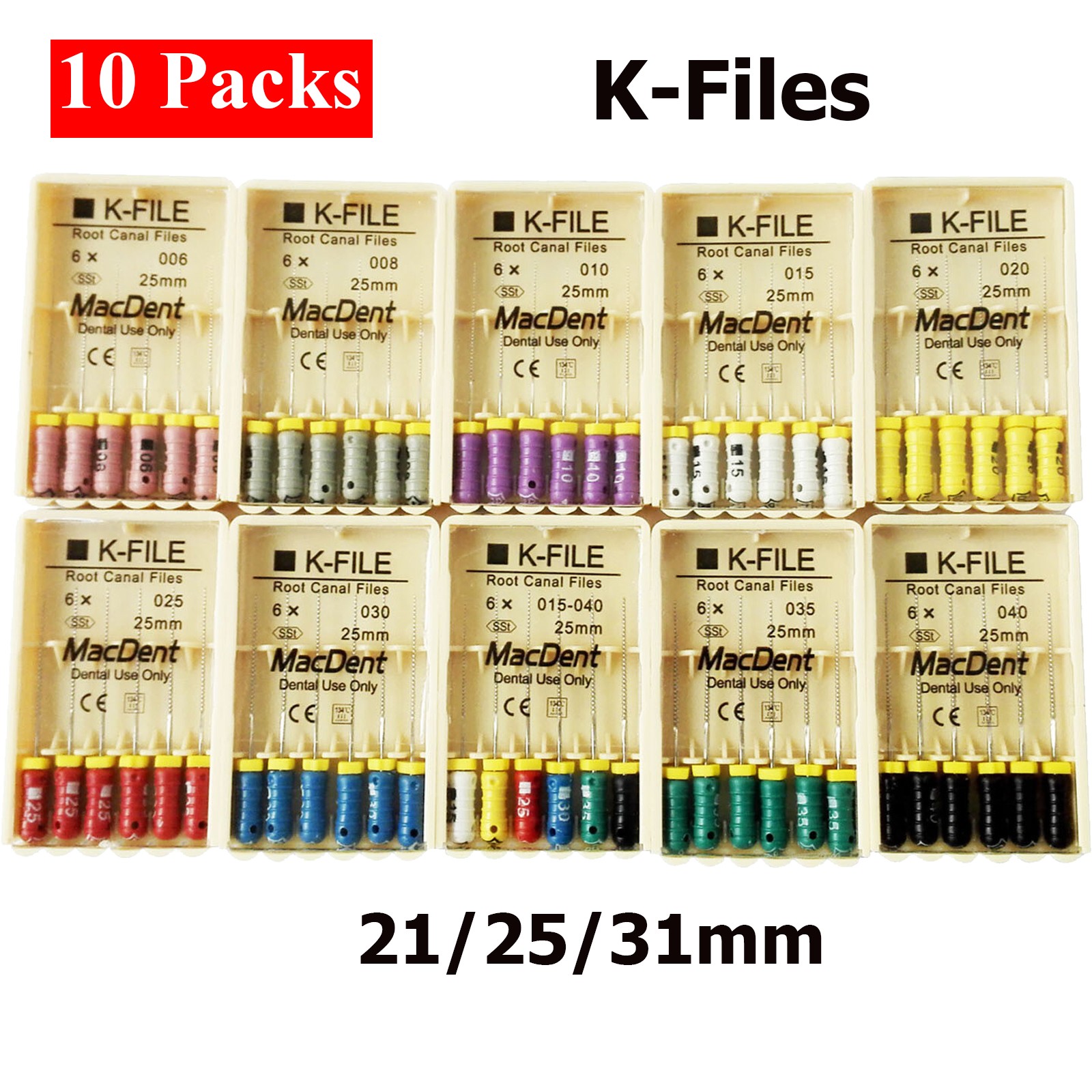 10Pk K-Files Dental Endo K-FILES 25MM Stainless Steel Root Canal K File Hand use