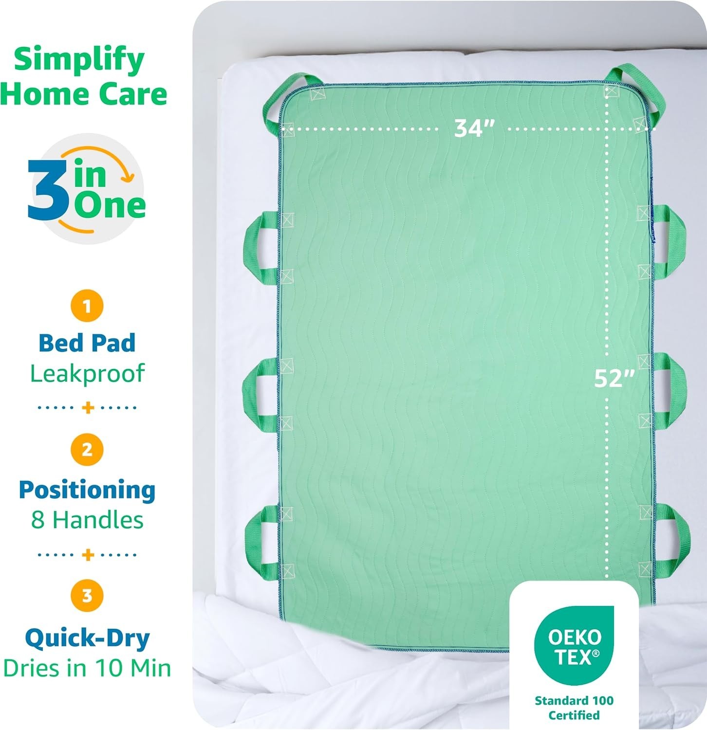 Positioning Transfer Bed Pad w/8 Handles, Waterproof, Washable, 34” x 52” NEW