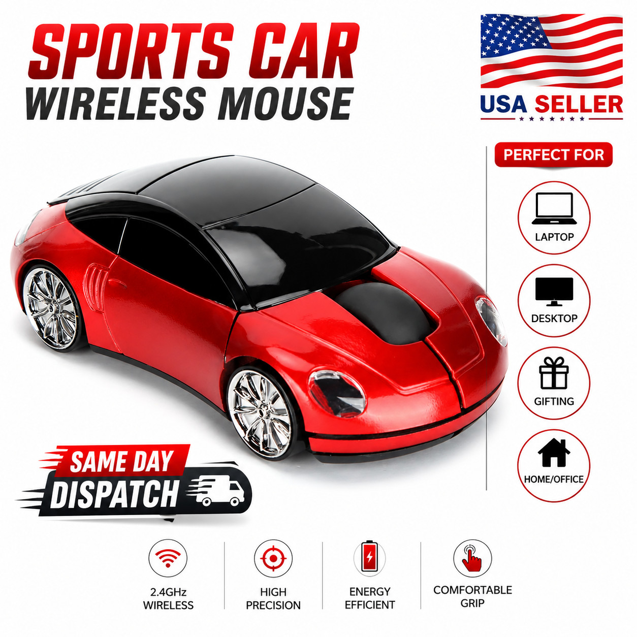 2.4G Wireless Car Shaped Mouse Ergonomic Optical USB Receiver Portable PC Laptop