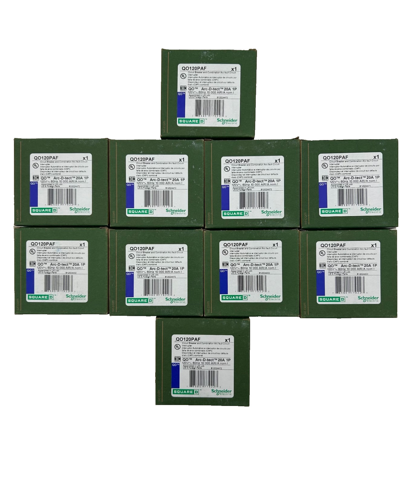 Square D QO120PAF Circuit Breaker AFCI/Arc Fault 20A 1-Pole 120V - Lot of 10