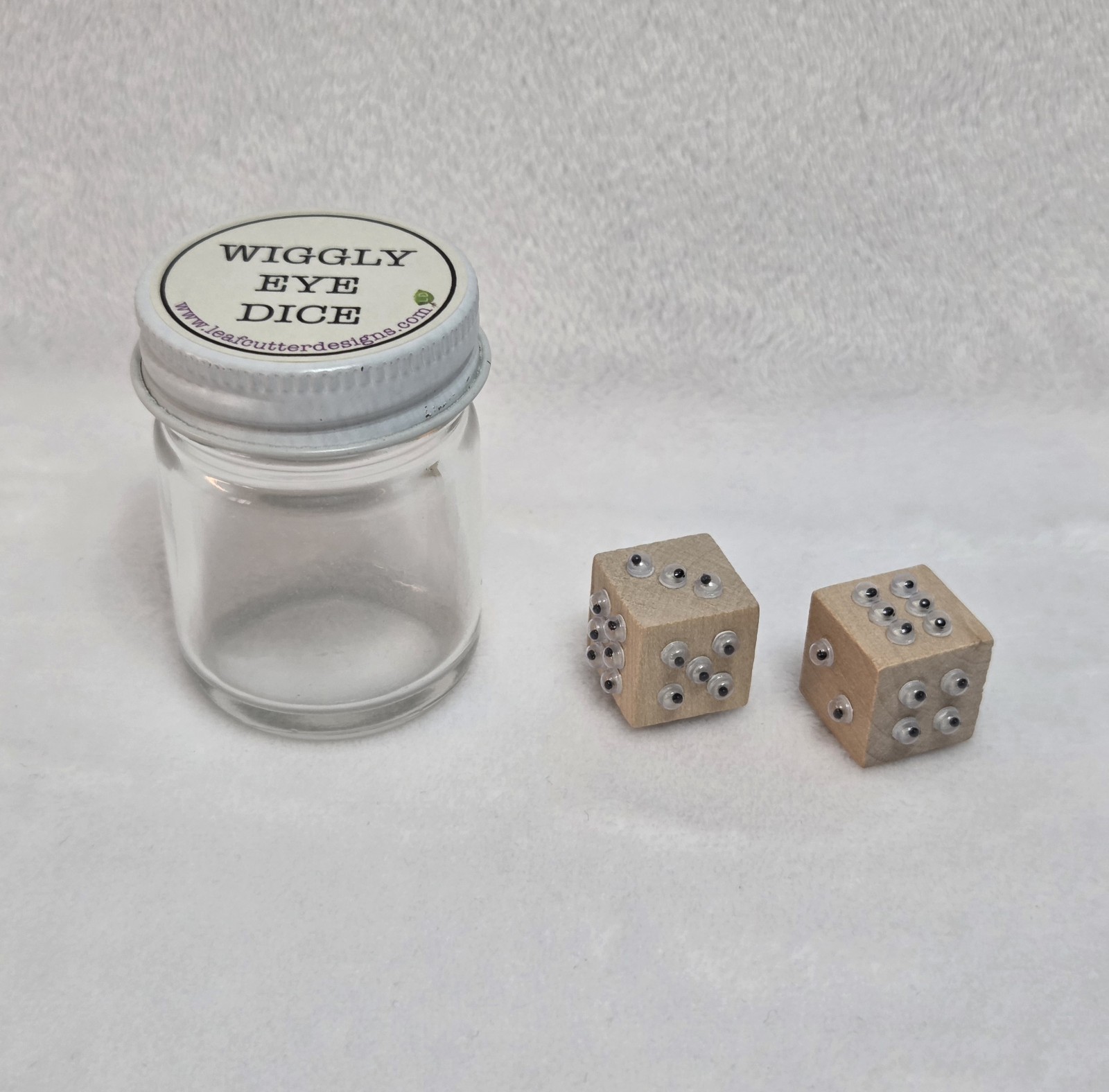 Wiggly Eye Dice in Glass Jar by Leafcutter Designs Wood Dice with Googly Eyes