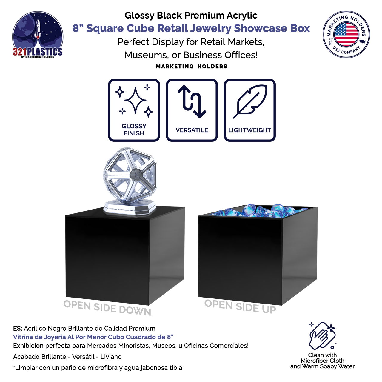 8" Black Acrylic Display Riser Box with One Open Side