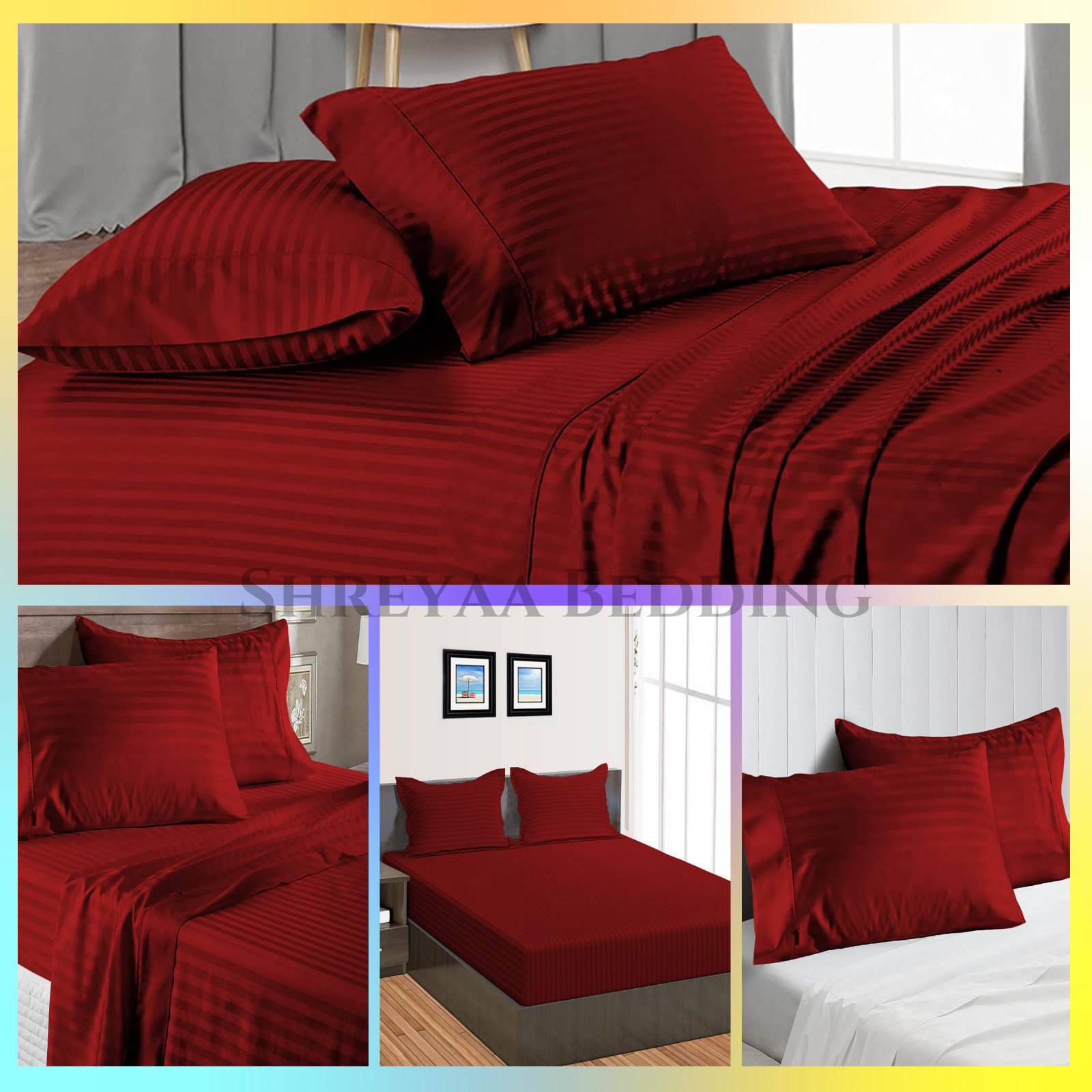 Extra Deep Pocket Bed Sheets 1000 - 1200 TC Egyptian Cotton Burgundy Stripe