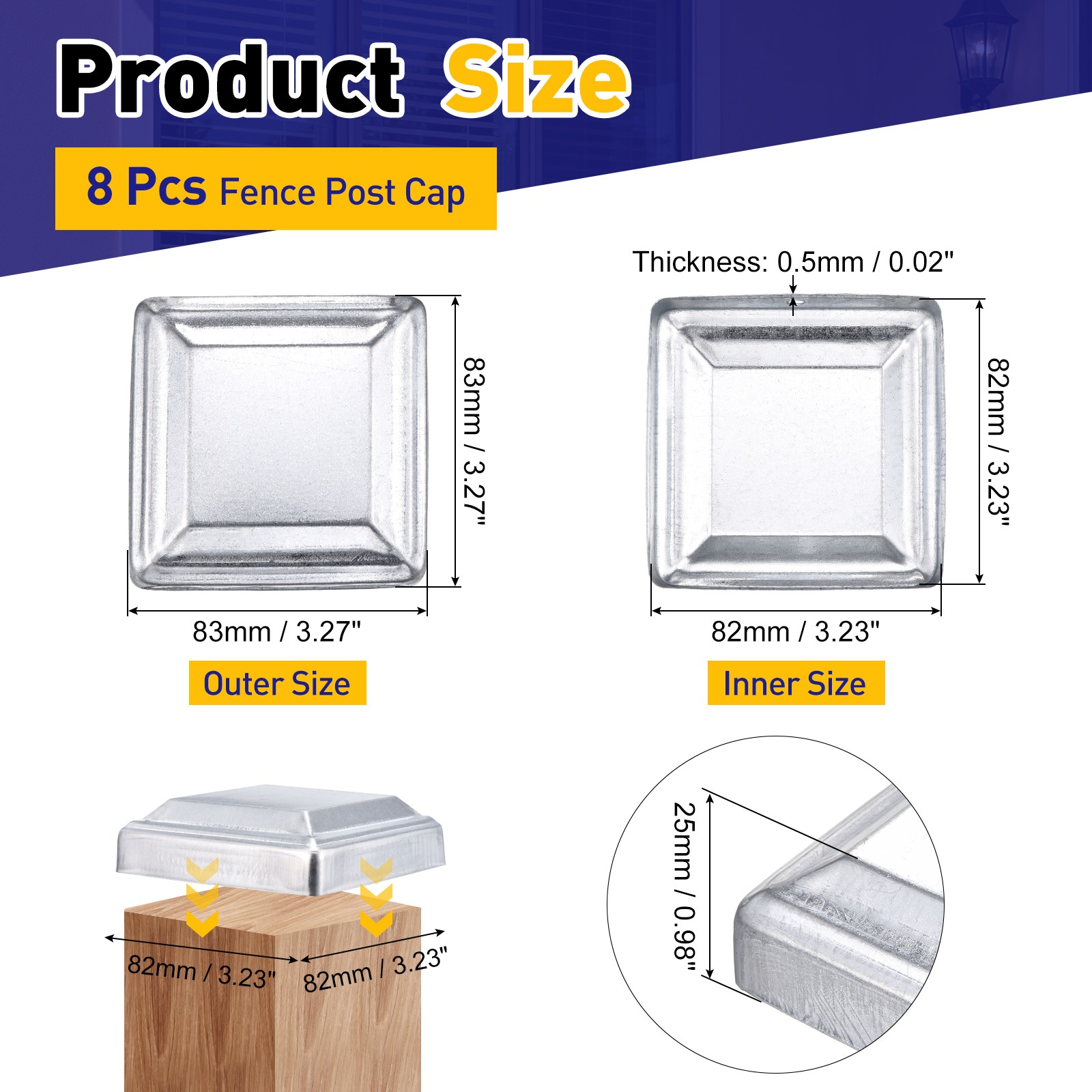 8Pcs Fence Post Cap, Galvanized Deck Post Caps Fit 3.2" x 3.2" Pipe, Silver