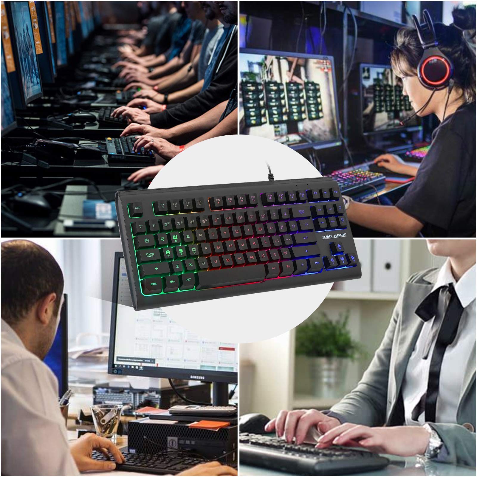 Computer Keyboard, 87 Keys Compact Wired USB Keyboard with Rainbow LED Light ...