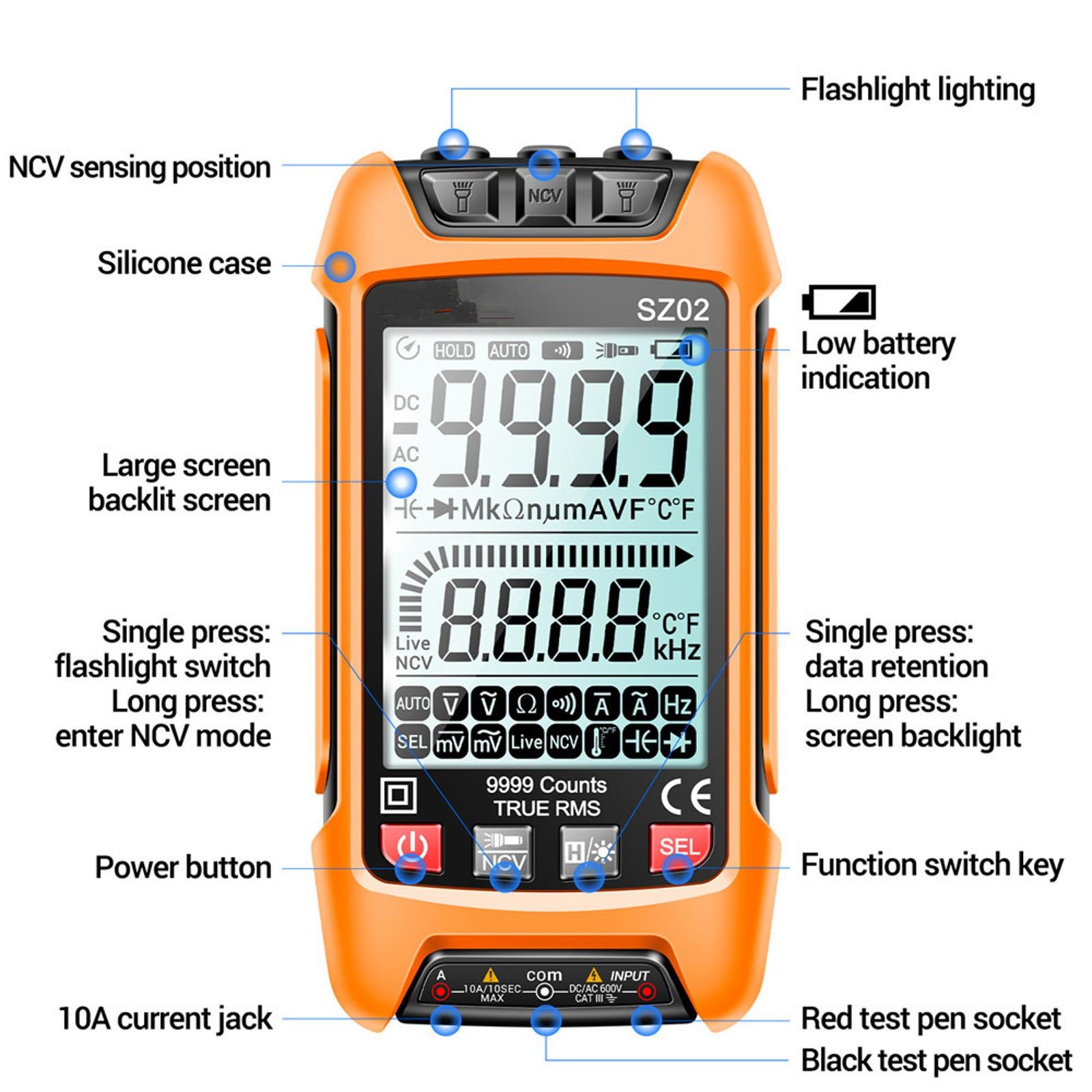 Digital Multimeter 9999 Counts True RMS Auto Electrical Capacitance Meter Temp,