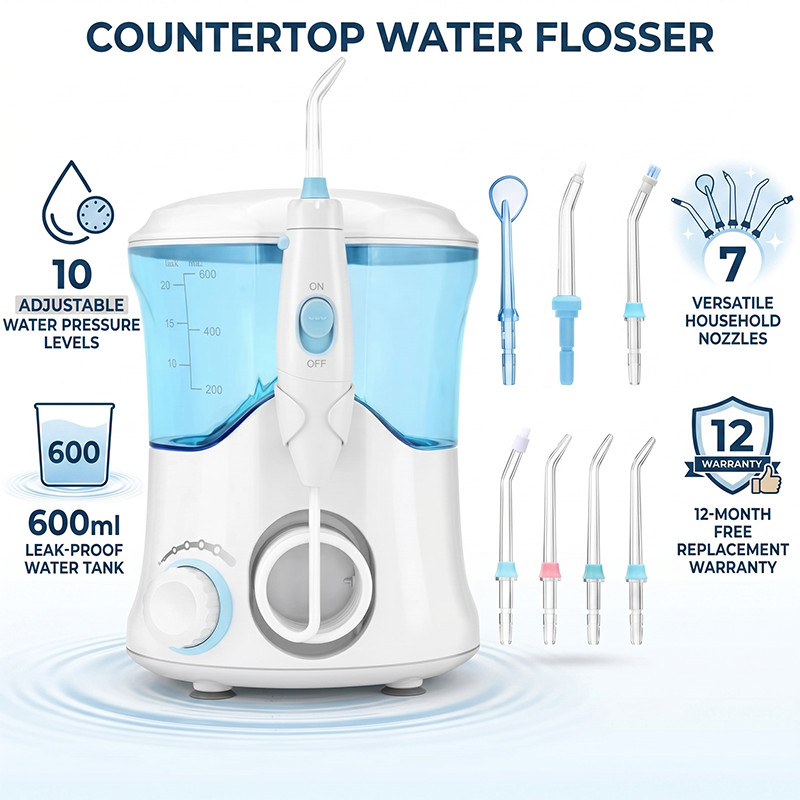 Oral Irrigator 600mL Water Flosser with 7 Nozzles for Whole Family Oral Care