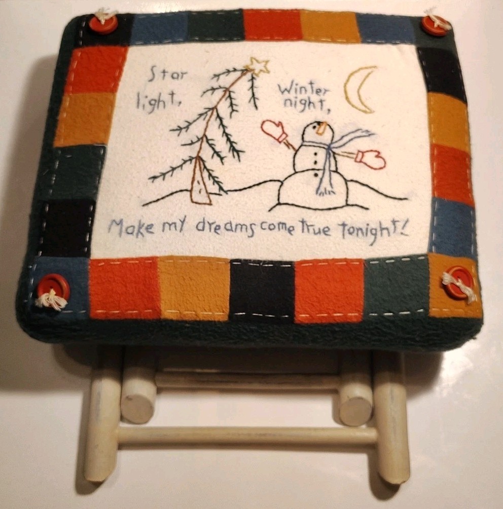 Vintage Snowman Holiday Needlepoint Footstool Handcrafted Wooden Frame Winter