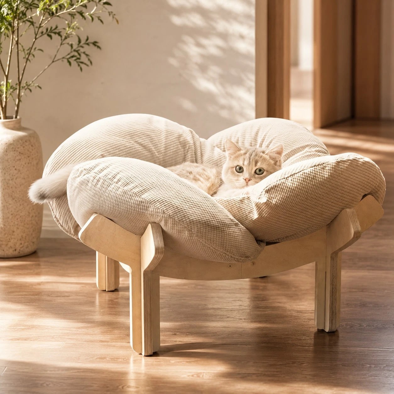 Elevated Pet Sofa Aesthetic Flower Petal Lounge Chair with Premium Cushion Wood