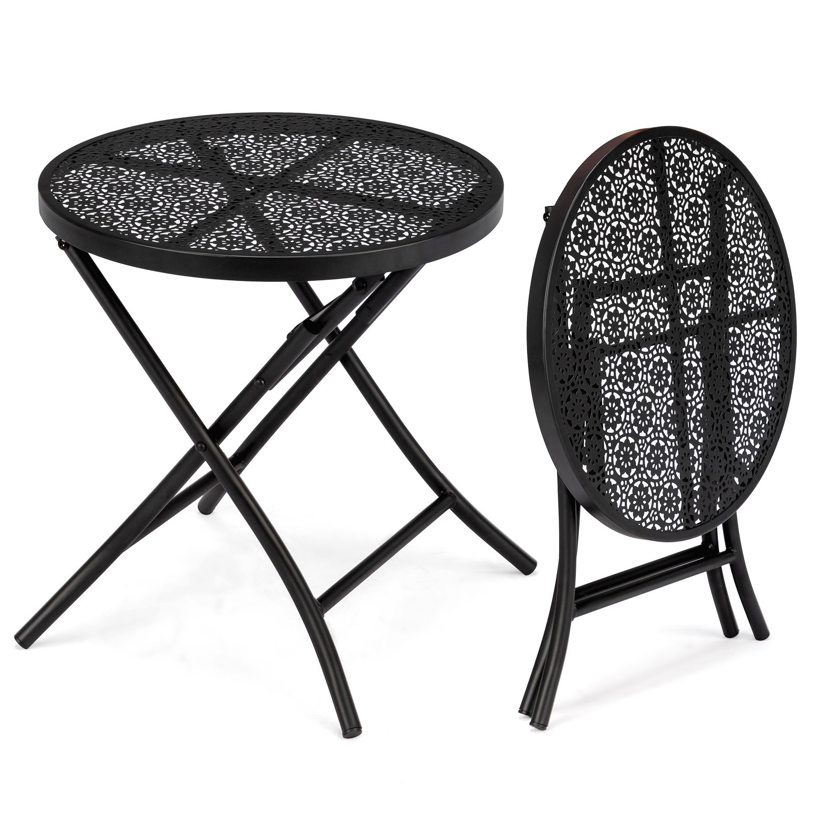 Folding Patio Side Table, Metal Steel Outdoor Round Coffee Table with Floral