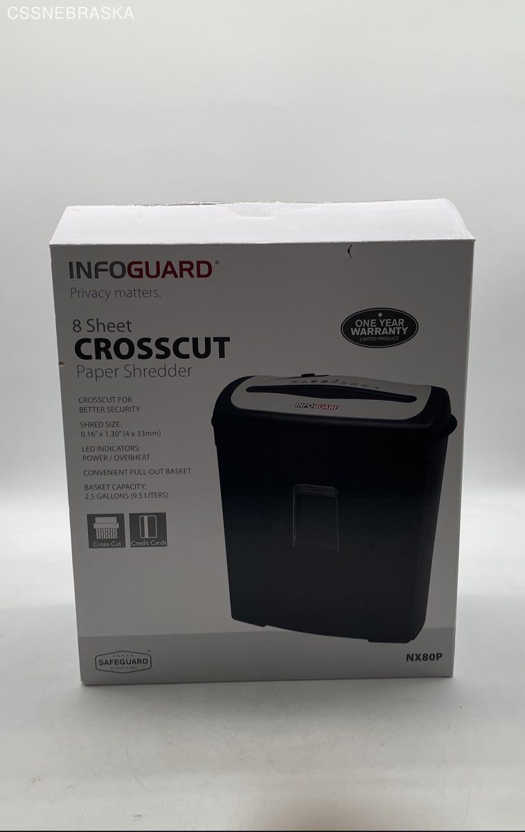 Black nfoGuard 8-Sheet Cross-Cut Personal Shredder, model NX80P.