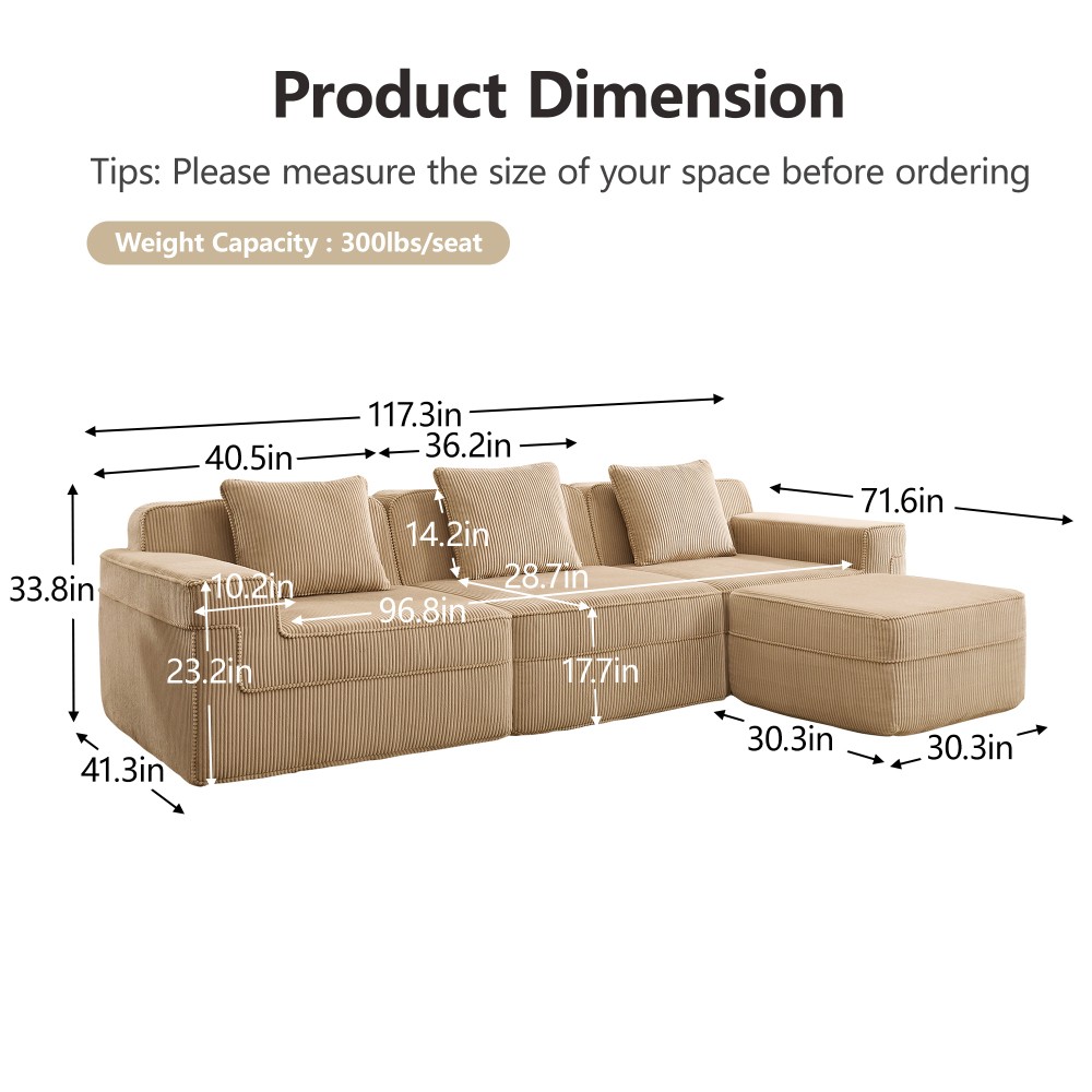 Modular 3-Seat L-Shape Sectional Sofa w/ Ottoman, Corduroy Camel