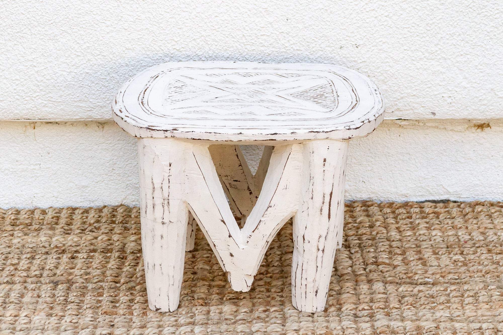 Tribal White African Wood Stool