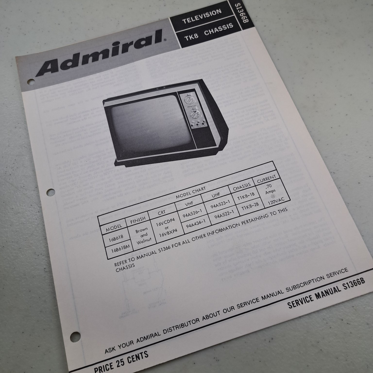 Admiral Service Manual Television TK8 Chassis S1366B Illustrated