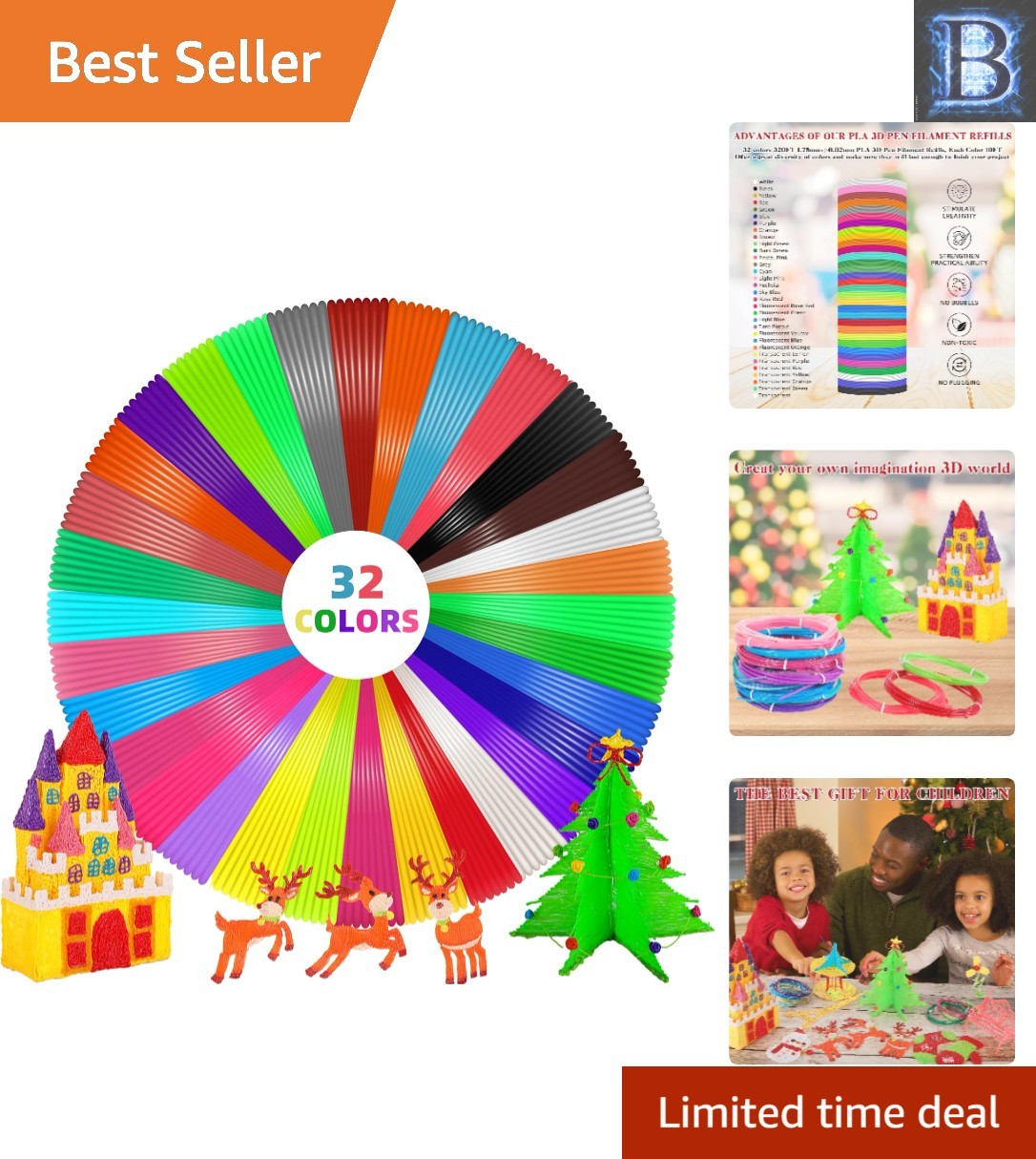 32 Colors PLA 3D Pen Filament Refills - 320ft, Perfect for Creative Projects