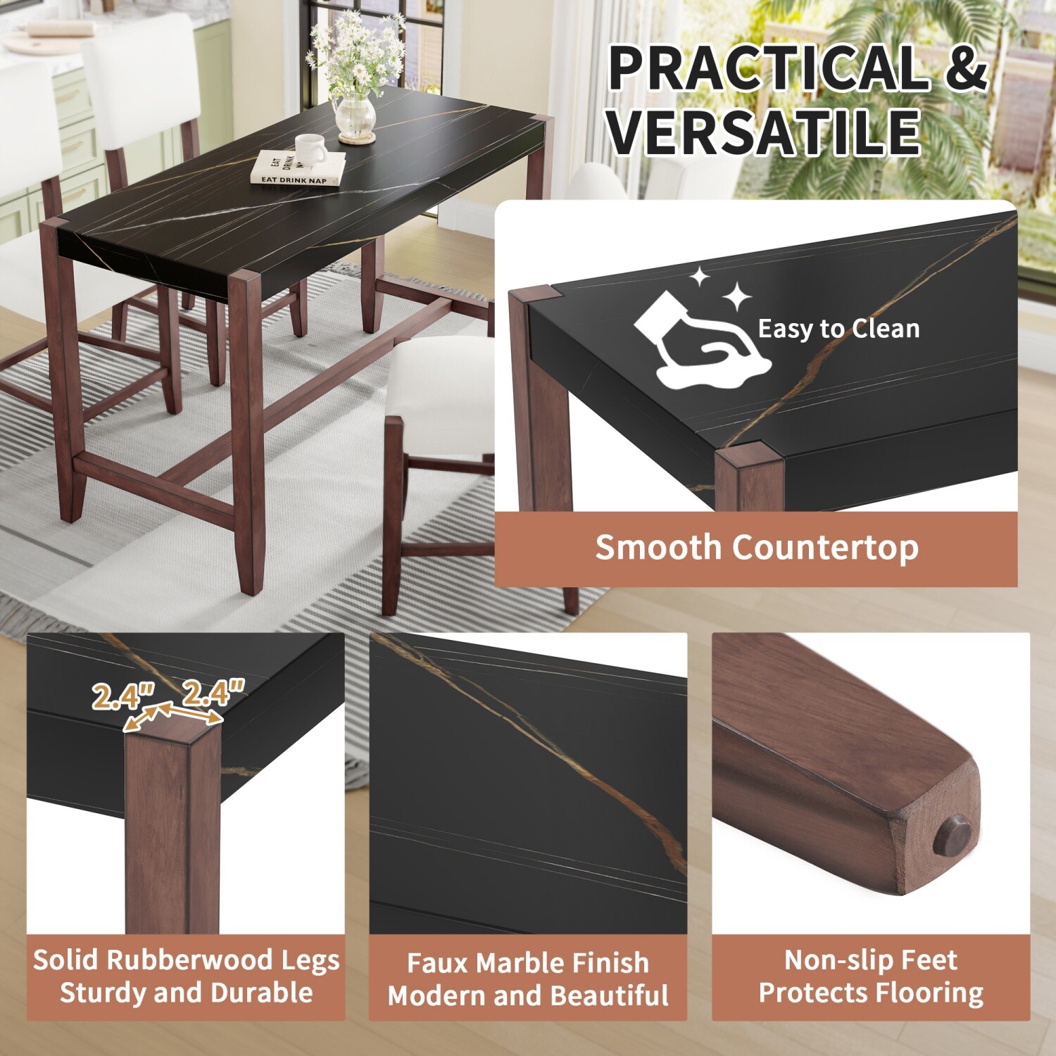 5 Piece Dining Table Set Rectangular Table w/ 4 Upholstered Chair w/ Wood Leg
