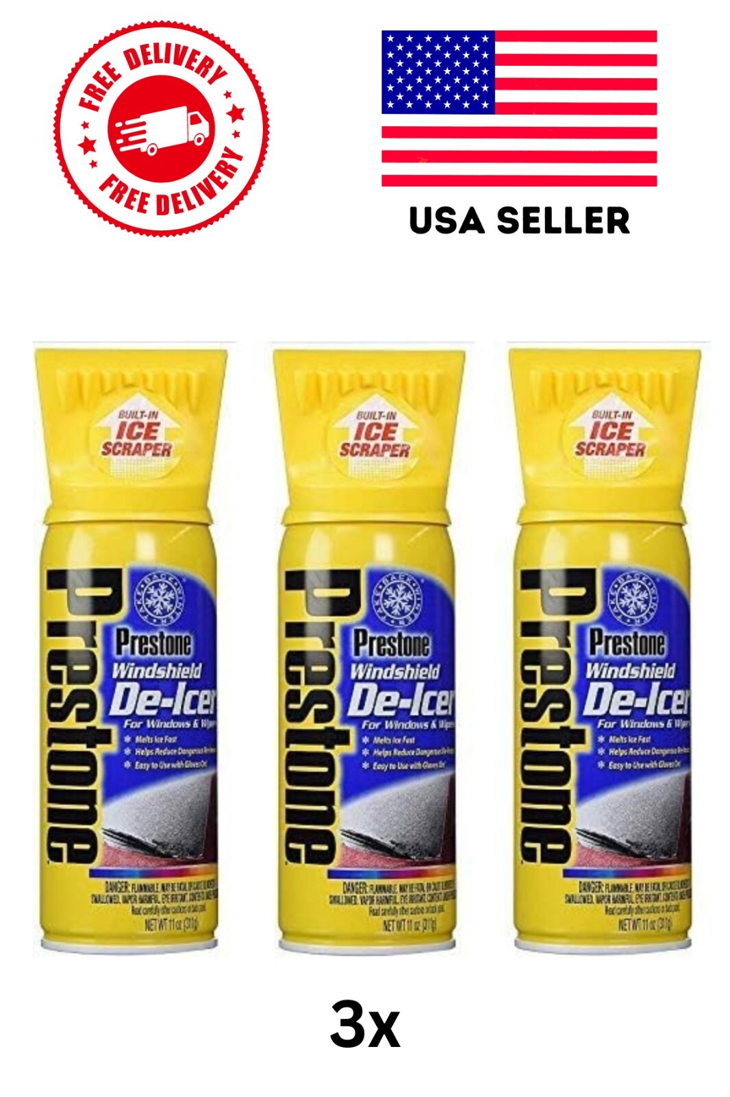 ( Lot Of 3 )Prestone Windshield, Windows, and Wiper Blade De-Icer Spray, 11 oz.