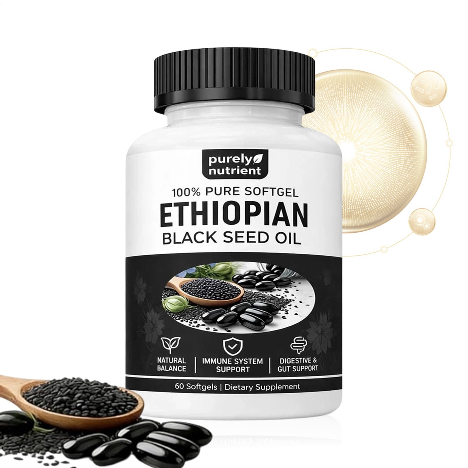 Ethiopian Black Seed Oil Softgels 4.64% Thymoquinone Gluten-Free 60 Capsules