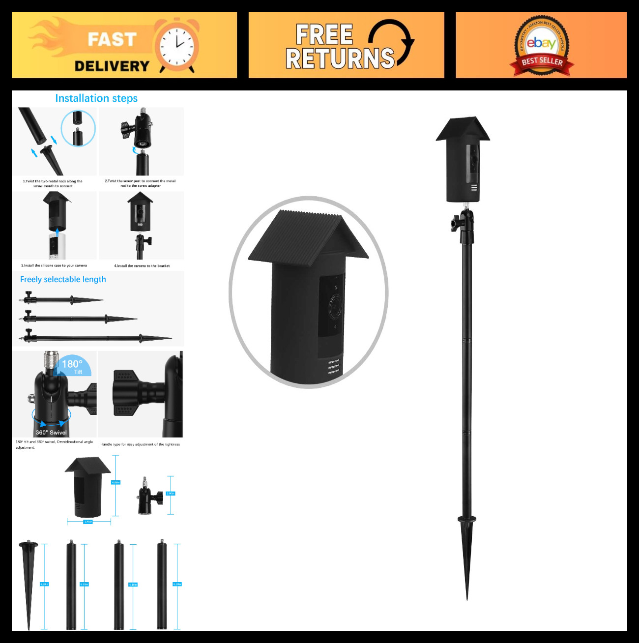 Spike Pole Mount Ground Stake & Weatherproof Silicone Skin for Security Camera -