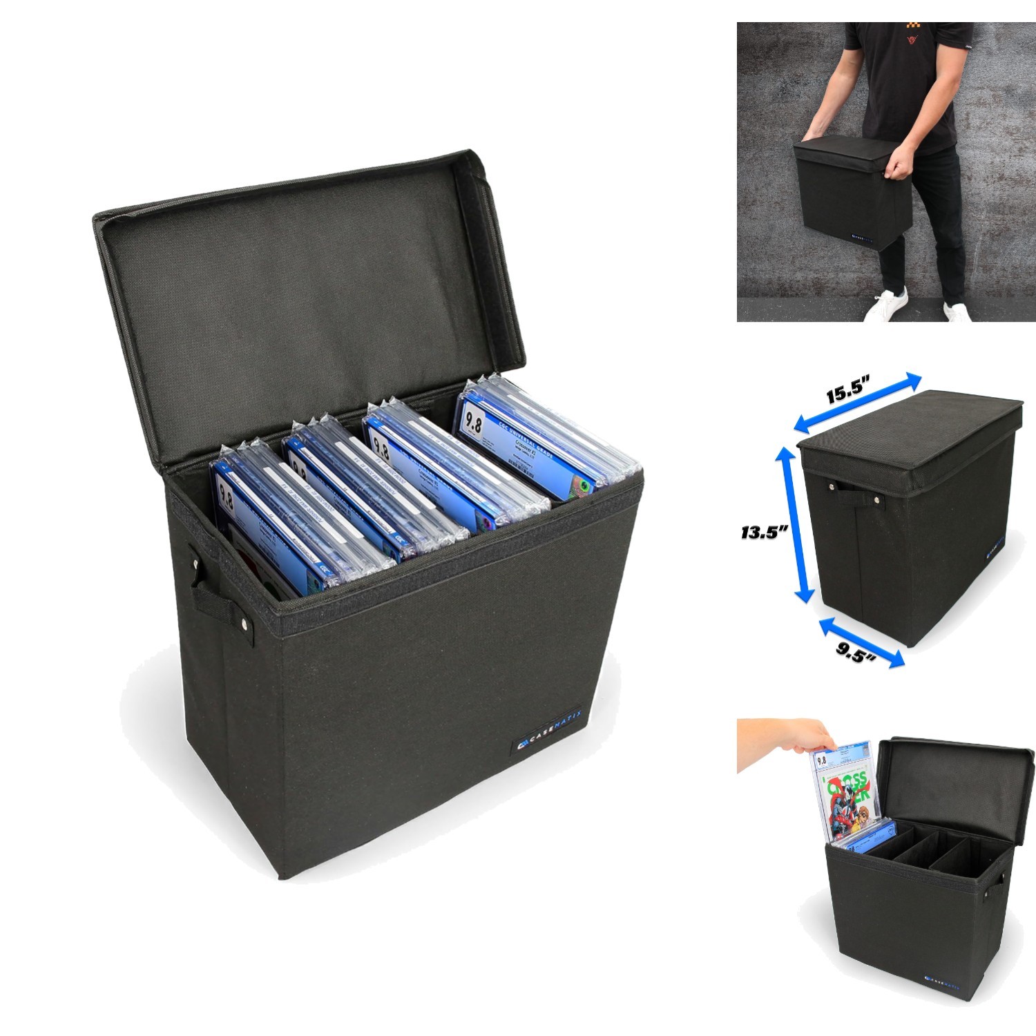 Graded Comic Book Storage Case Fits 28 CGC Slabs Portable Fabric Bin Box Black