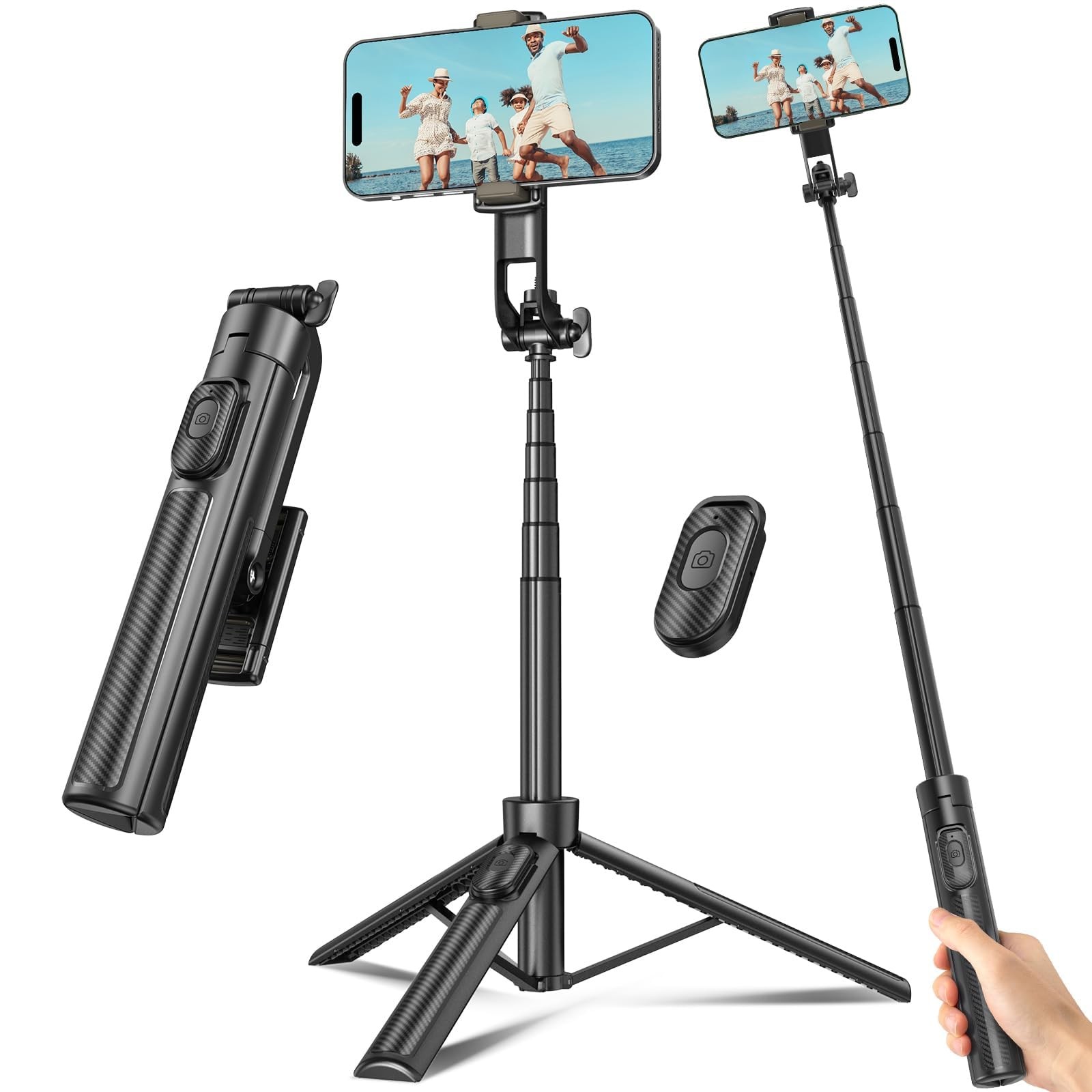 Selfie Stick Travel Tripod for Cell Phone with Remote Control and Phone Holde...