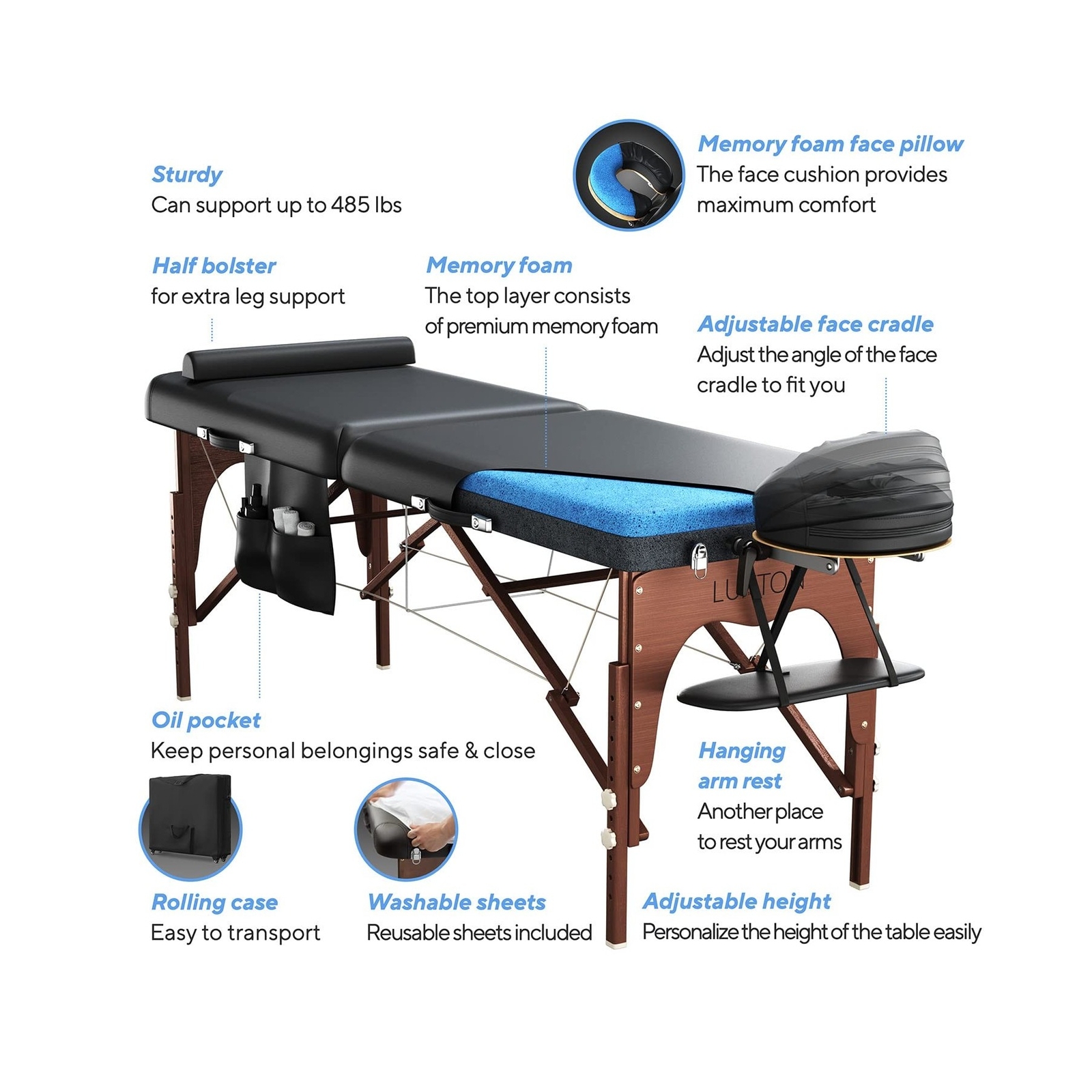 Luxton Premium Memory Foam Massage Table - Rolling Travel Case, Washable Shee...