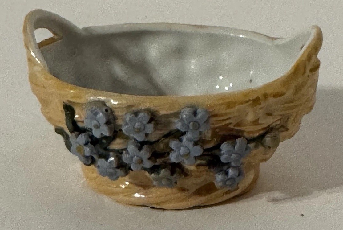 VTG Tan Basket with Blue Flowers Marked Germany Home Decor Trinky